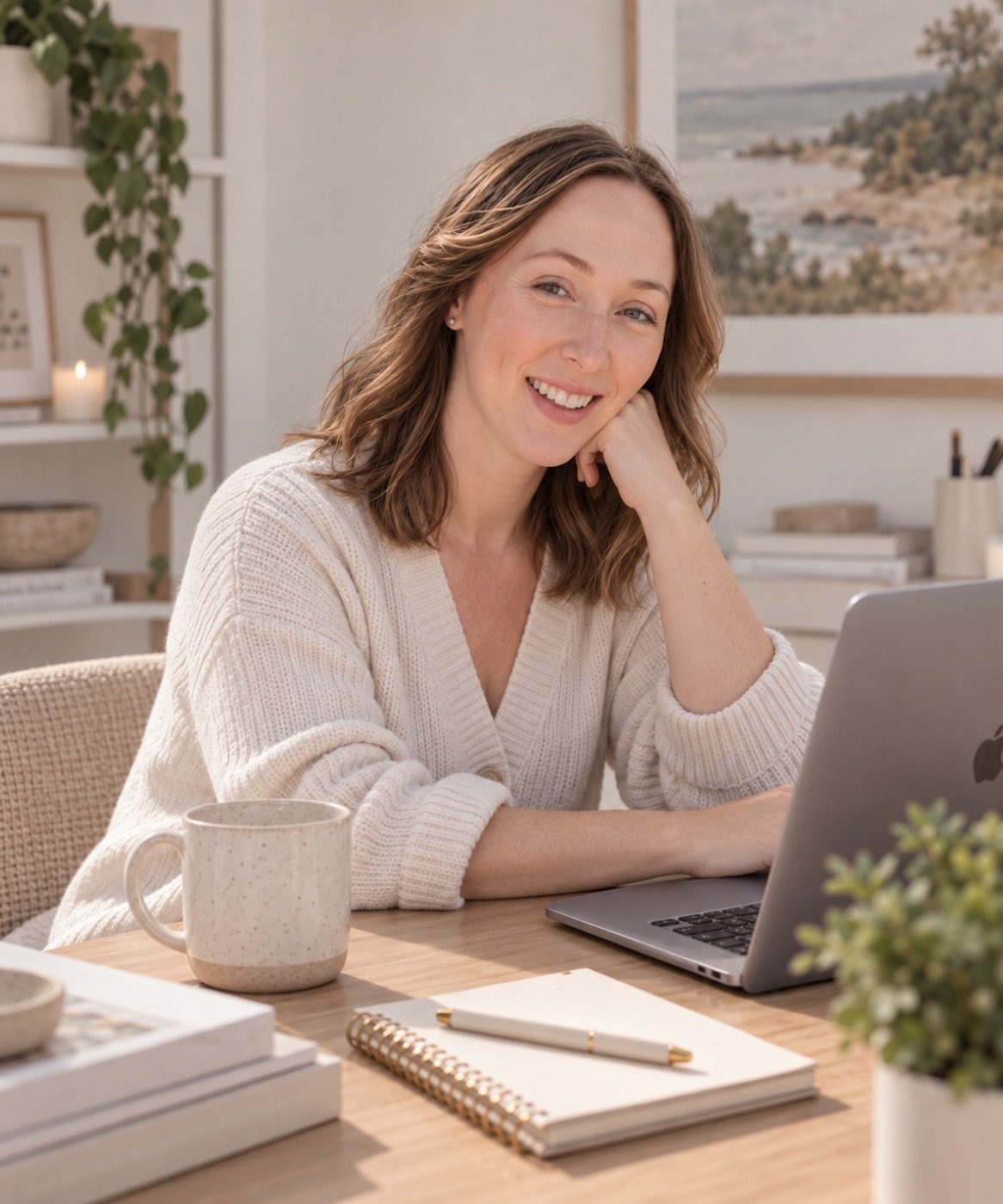 Caitlin at her desk with her laptop and a notebook